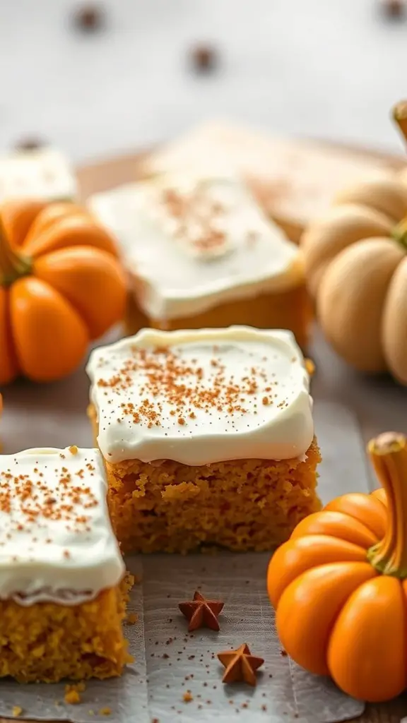 Delicious yellow cake mix pumpkin bars topped with frosting and surrounded by small pumpkins.