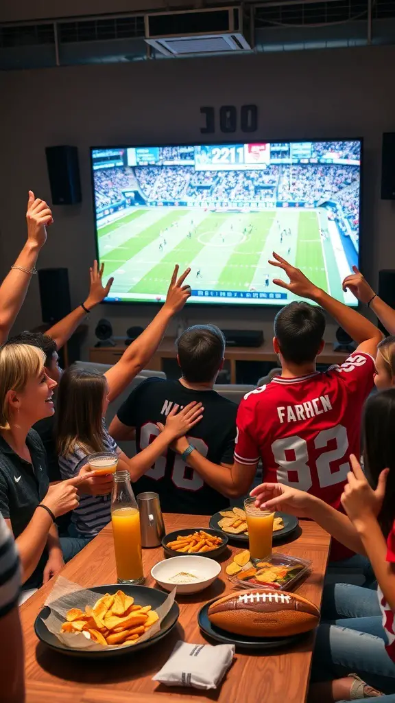 Group of friends watching a sports game on a large screen, celebrating with snacks and drinks.