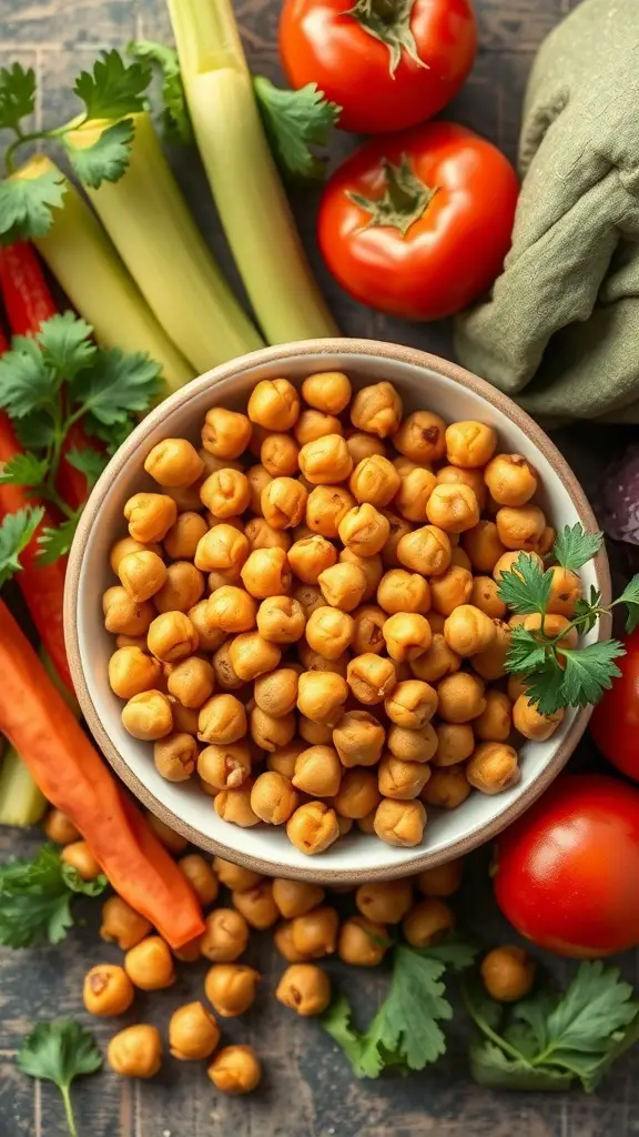 A bowl of crunchy chickpeas surrounded by fresh vegetables like tomatoes, celery, and peppers.