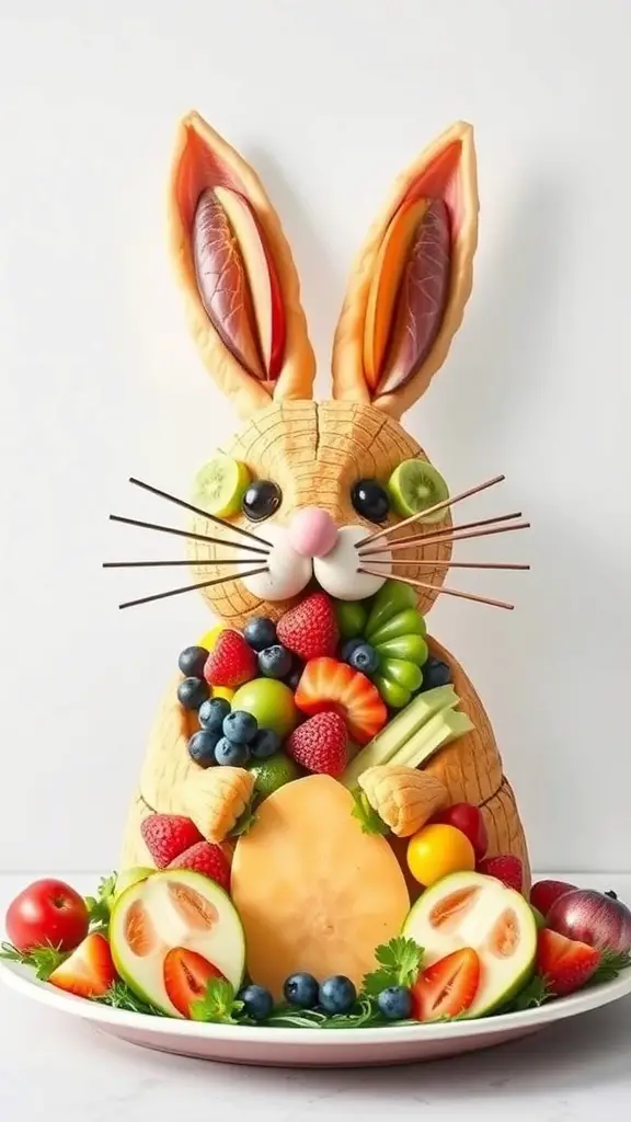 A creative fruit platter shaped like a bunny, made from various fruits including melons, apples, strawberries, and blueberries.