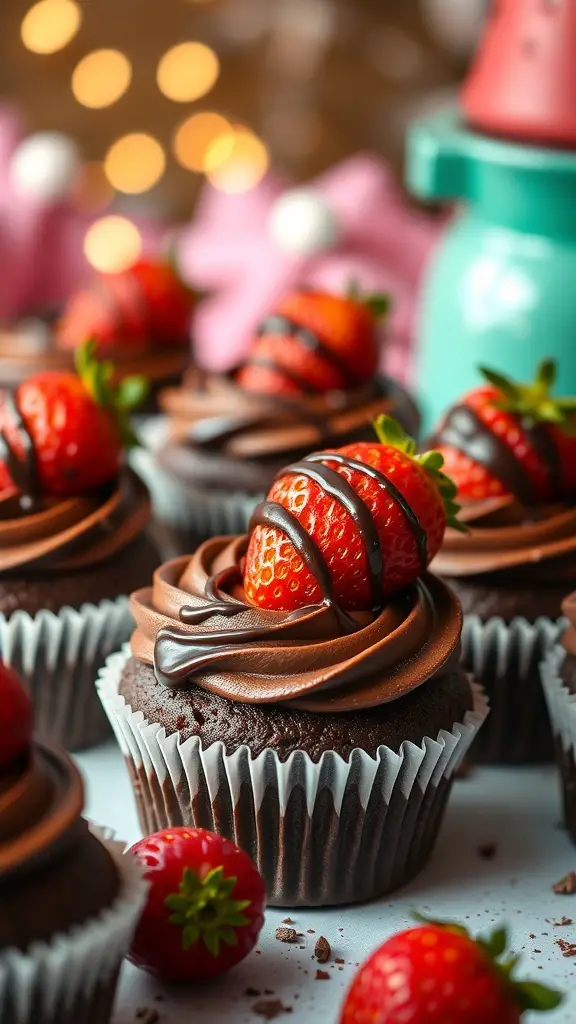 Chocolate strawberry cupcakes with fresh strawberries on top and chocolate drizzle