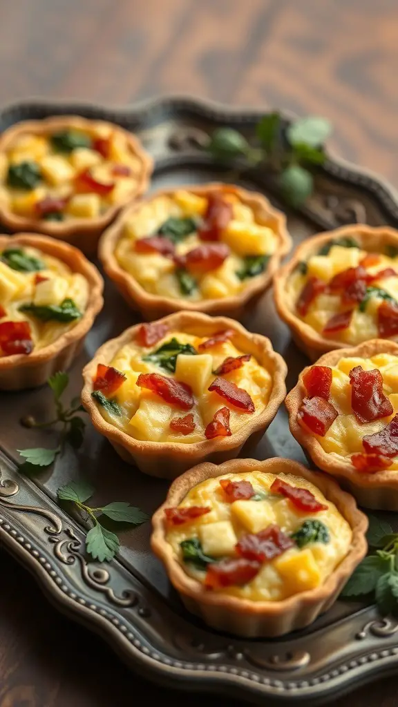 A platter of mini quiches with assorted fillings, including spinach, bacon, and cheese.