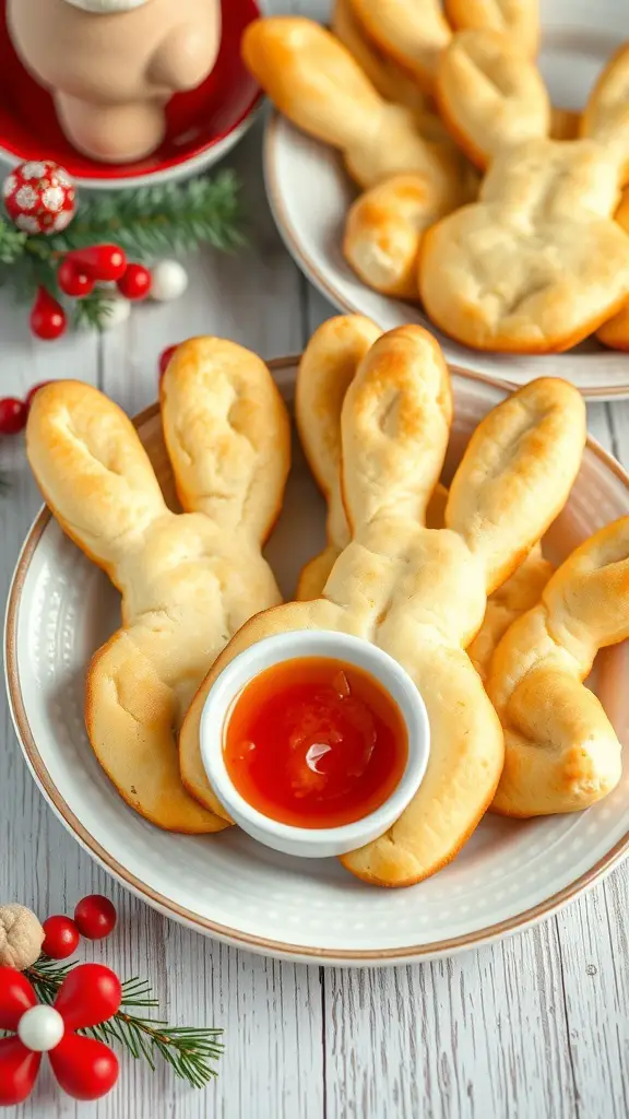 Cheesy bunny-shaped breadsticks on a plate with dipping sauce
