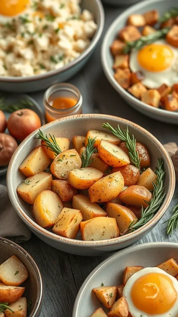 A bowl of rosemary garlic roasted potatoes with fresh herbs, surrounded by other brunch items.