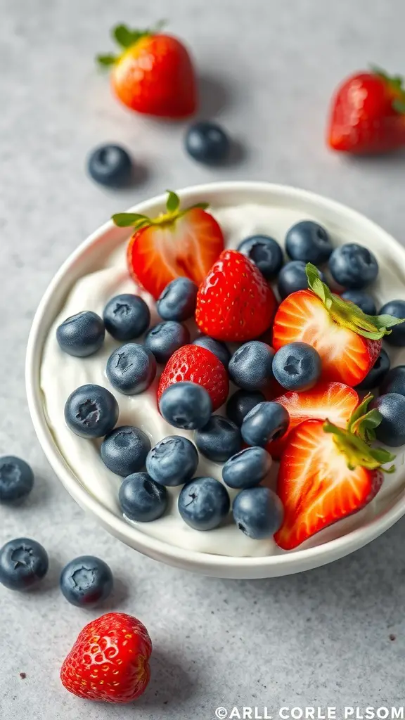 A bowl of Greek yogurt topped with strawberries and blueberries.