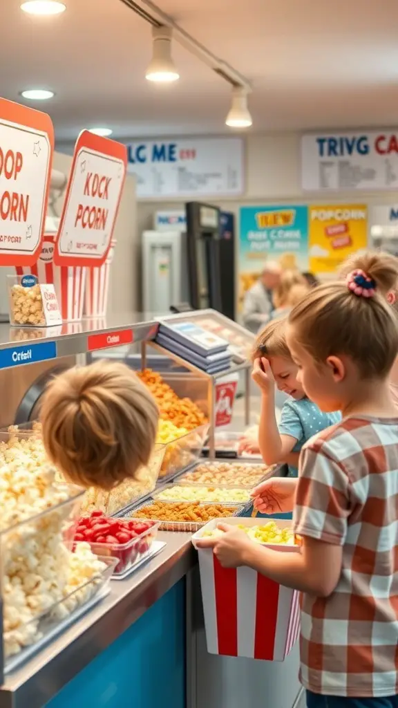 Children enjoying a popcorn bar with various flavors and toppings.