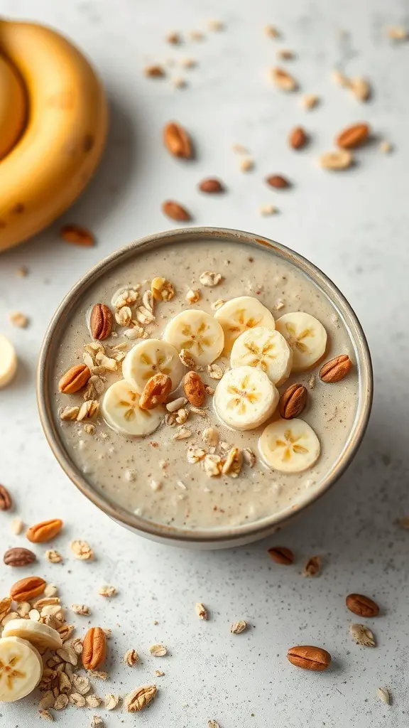 A bowl of banana oatmeal smoothie topped with banana slices and nuts on a light background.