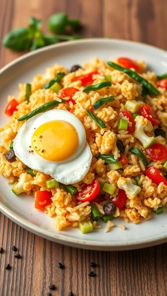 A plate of cauliflower fried rice topped with a fried egg and colorful vegetables.