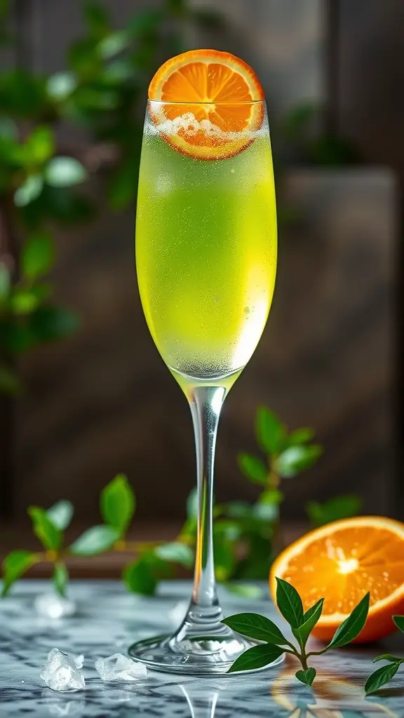 A vibrant green St. Patrick's Day Mimosa garnished with an orange slice