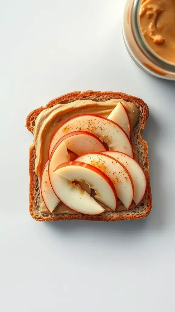Nut butter toast topped with sliced apples on a white background.