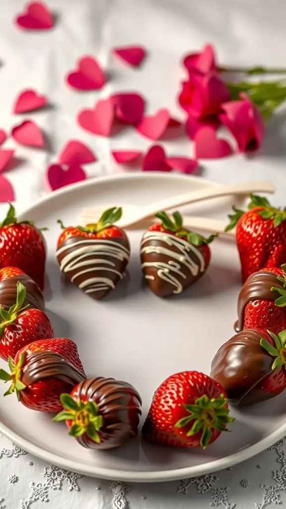 A plate of chocolate-dipped strawberries shaped like hearts, surrounded by pink paper hearts and roses.