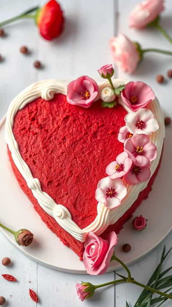 A heart-shaped red velvet cake decorated with flowers on a white plate.