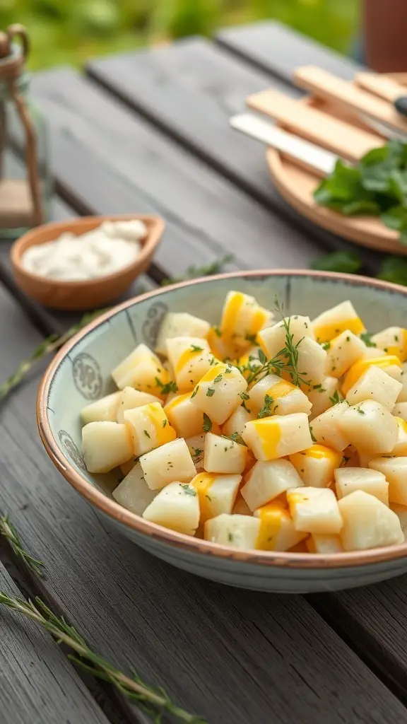 A bowl of potato salad with mustard dressing, garnished with herbs, on a wooden table.