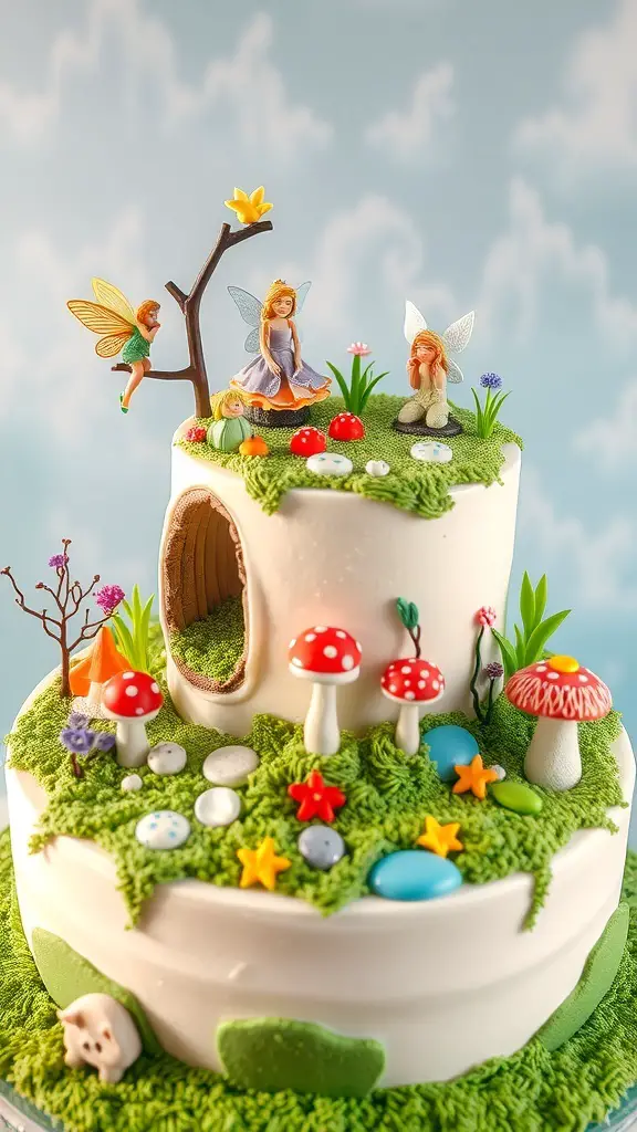 A whimsical fairy garden cake with colorful decorations and fairy figures.