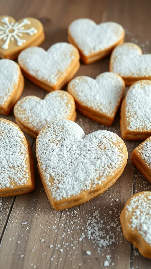 Heart-shaped cinnamon sugar cookies with powdered sugar on top