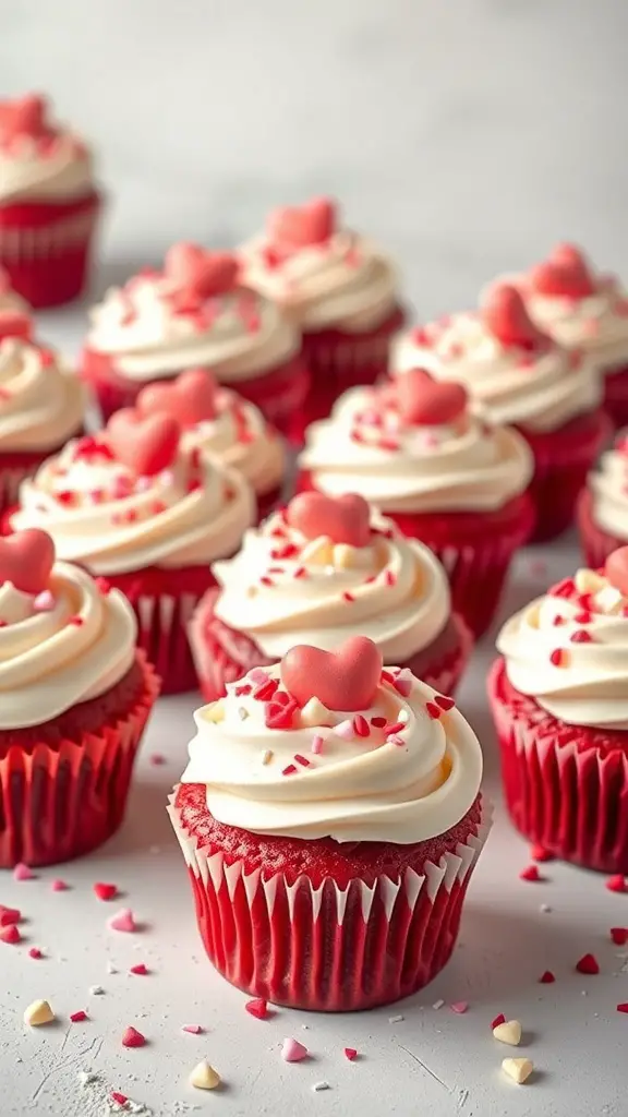Red velvet cupcakes with cream cheese frosting and heart-shaped decorations