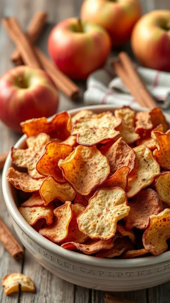 A bowl of crispy apple chips with fresh apples and cinnamon sticks in the background.