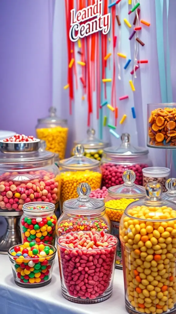 A colorful candy buffet station with various jars filled with candies.
