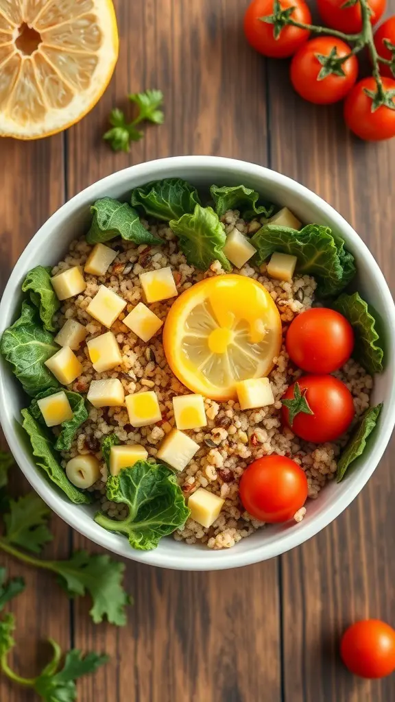 A vibrant vegan breakfast bowl with quinoa, kale, cherry tomatoes, and lemon on a wooden table.