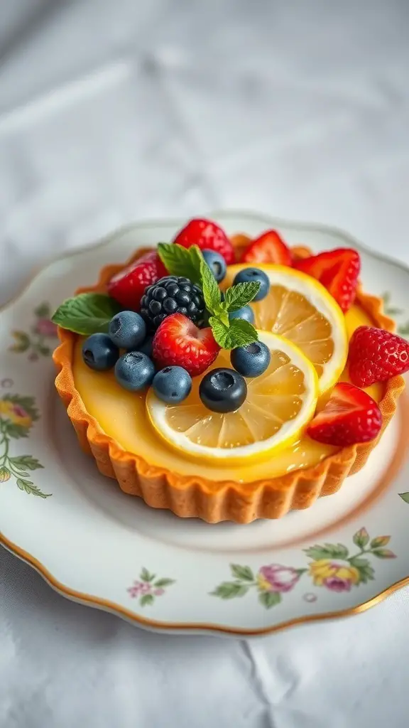 A lemon tart topped with fresh berries on a decorative plate.