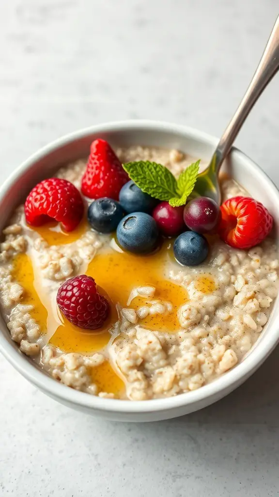 A bowl of buckwheat porridge topped with fresh berries and honey.