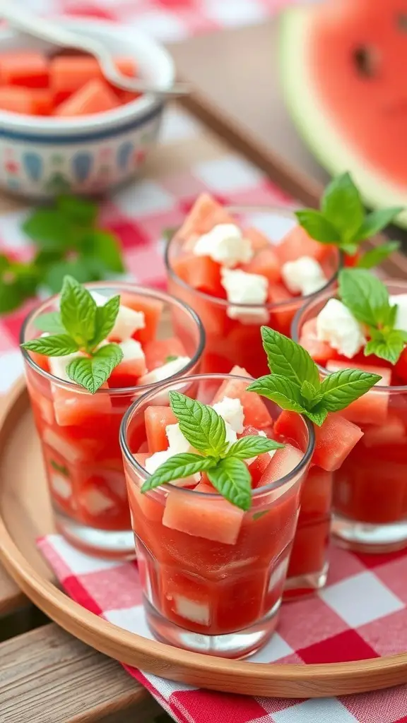Watermelon and feta salad cups served in small glasses with mint leaves on top