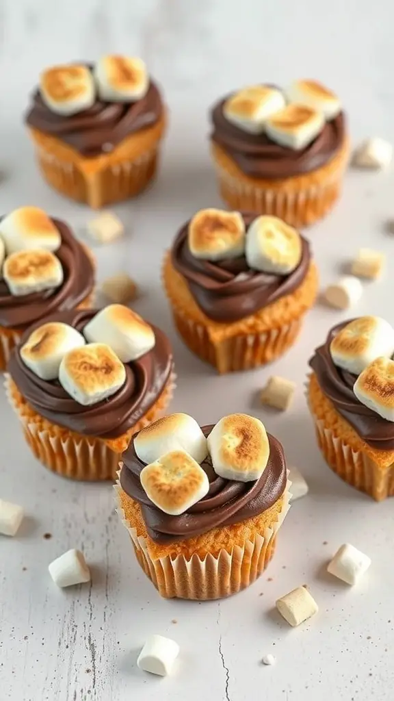 Heart-shaped cupcakes with chocolate frosting and toasted marshmallows on top.