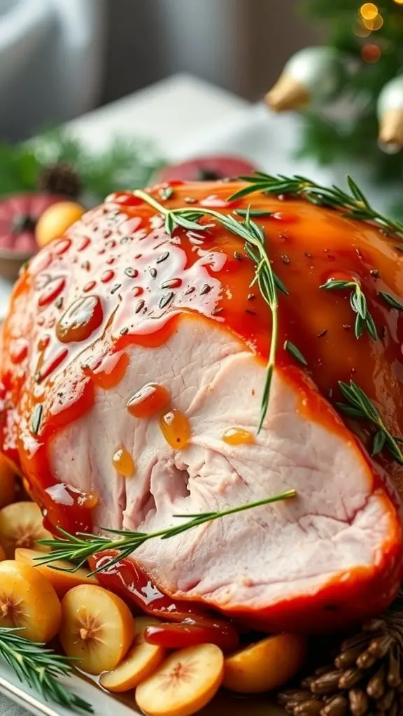 A beautifully glazed honey ham garnished with herbs and surrounded by fruits.