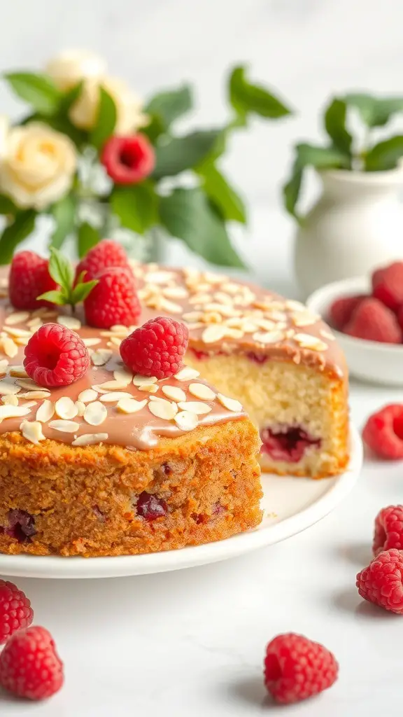 A slice of raspberry almond cake with fresh raspberries and almond slices on top.