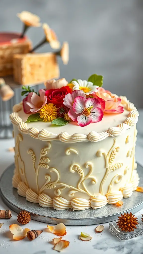 A beautifully decorated pistachio and almond Easter cake with flowers on top