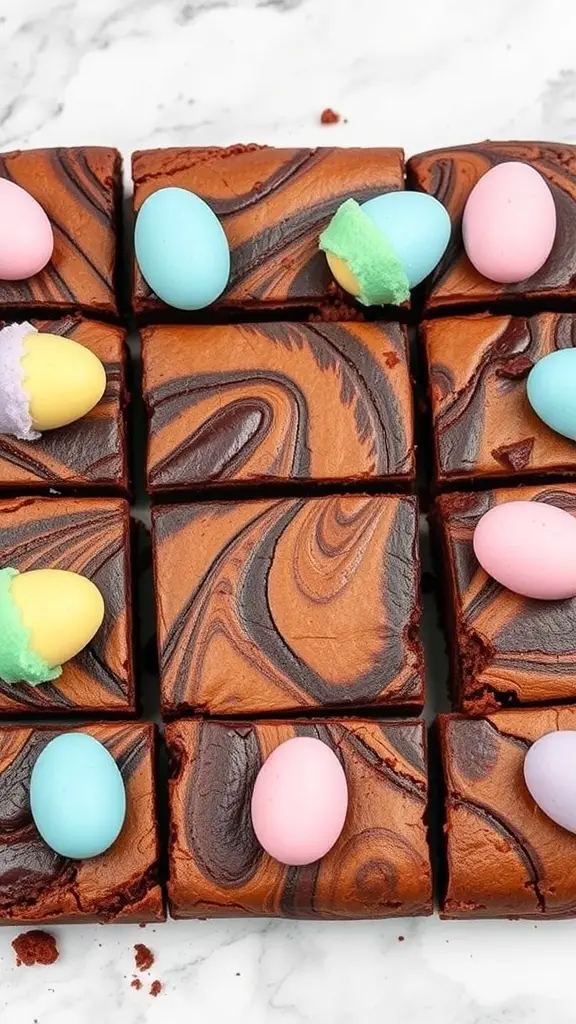 Marbled brownies topped with pastel candy eggs