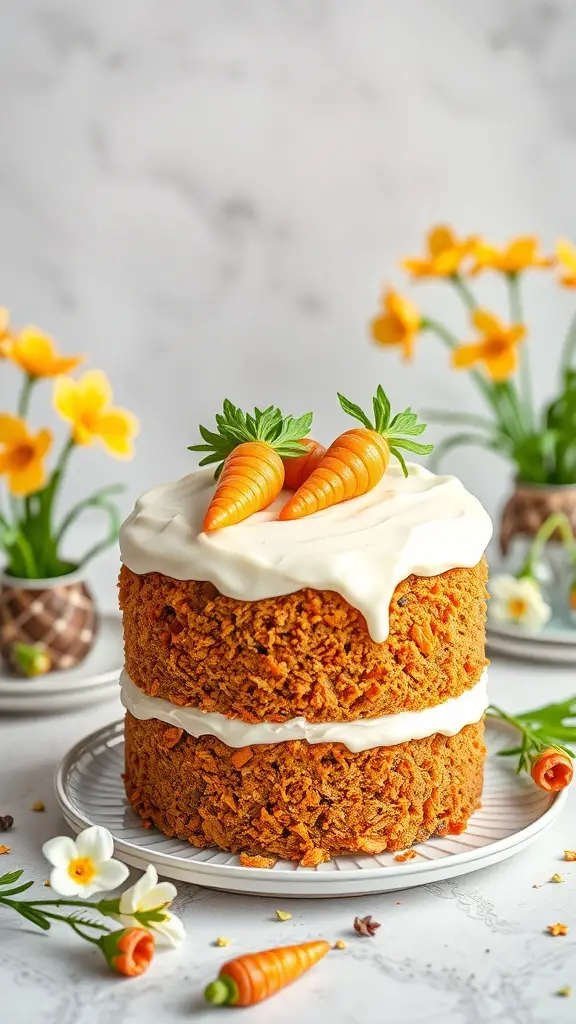 A delicious carrot cake with cream cheese frosting, topped with mini carrots, surrounded by flowers.