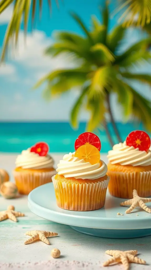 Mango Passionfruit Cupcakes with tropical decorations