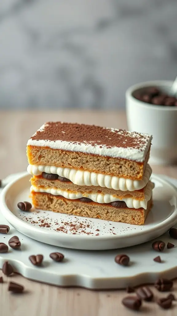 A stacked tiramisu bento cake with layers of cream and cocoa powder, surrounded by chocolate coffee beans.