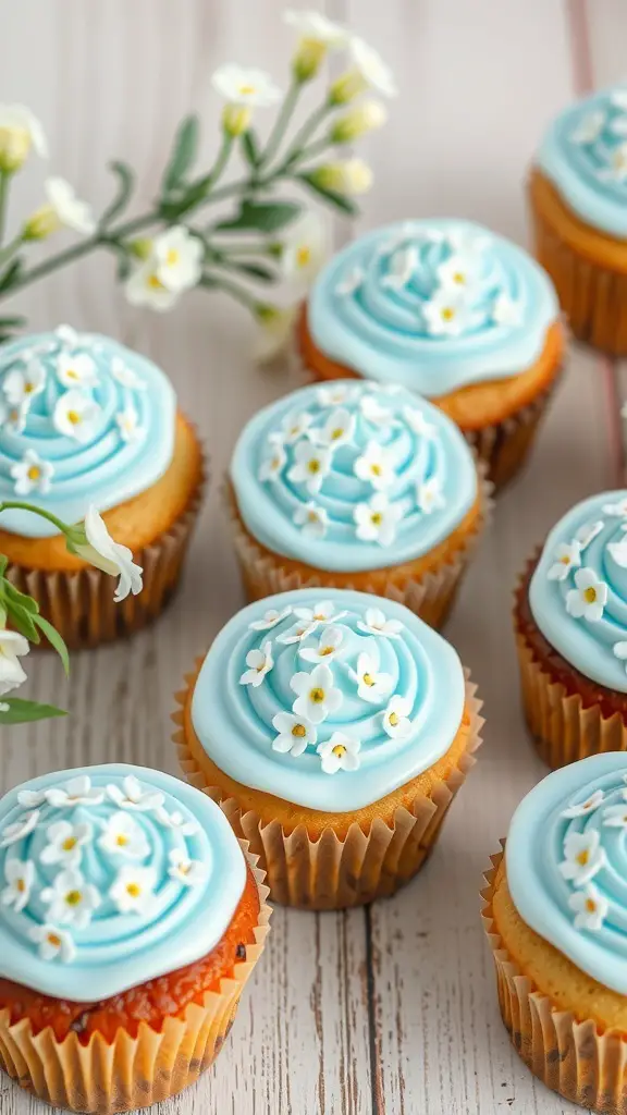 Cupcakes with blue frosting and white flower decorations