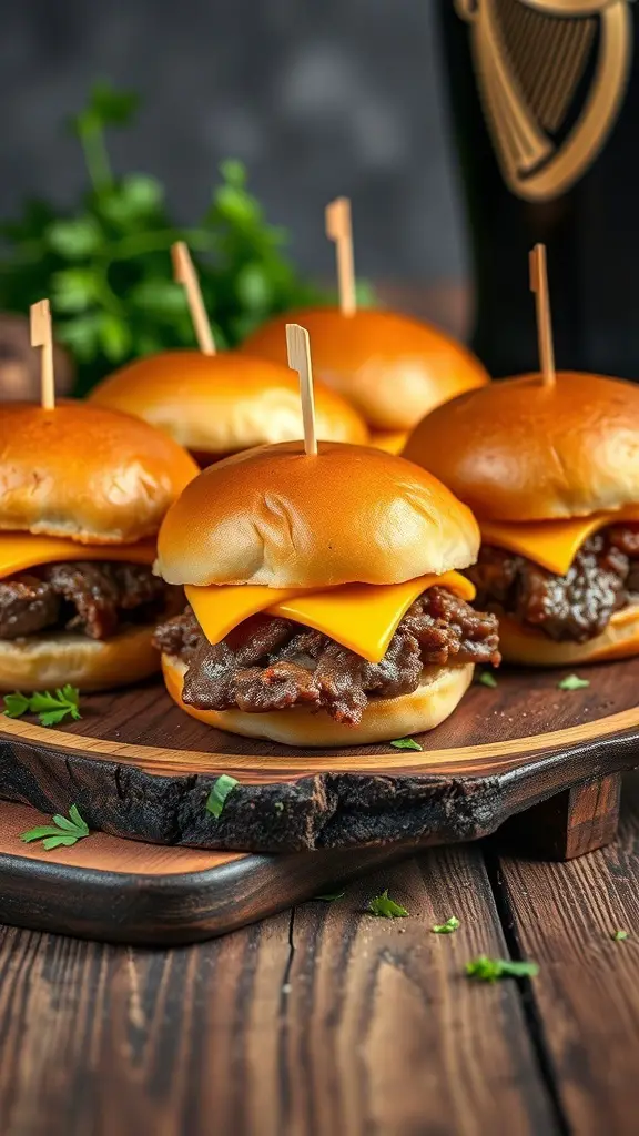 A platter of Guinness Beef Sliders with cheese on top, garnished with parsley.