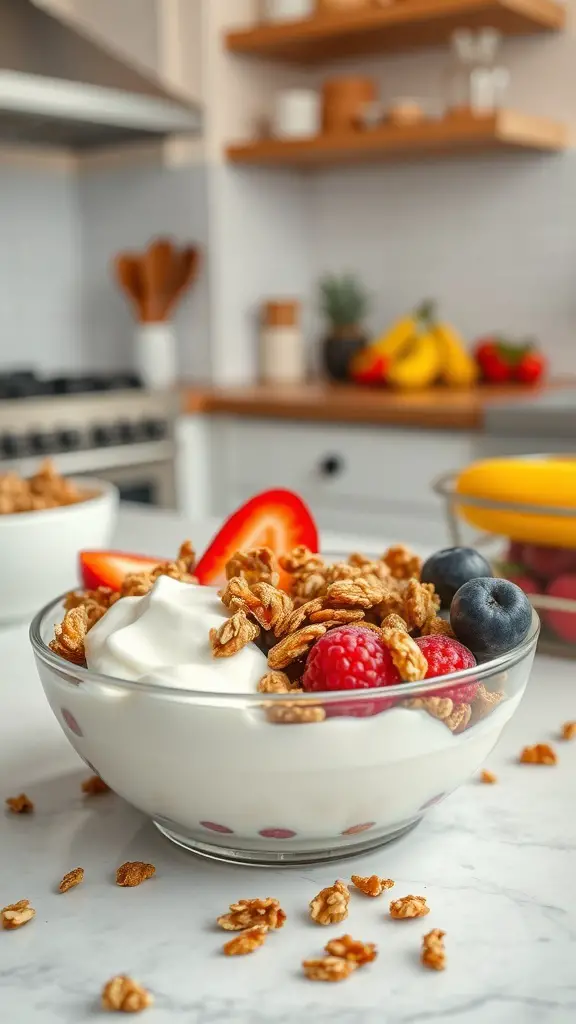 A bowl of yogurt topped with granola clusters and fresh berries on a kitchen counter.
