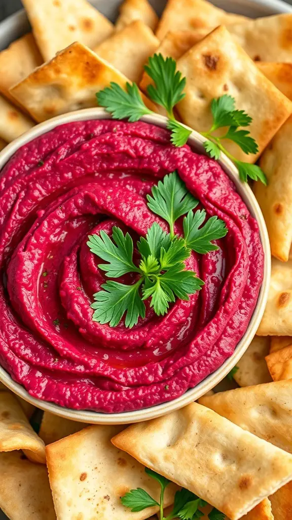 A bowl of crimson beet hummus surrounded by crispy pita chips, garnished with parsley.