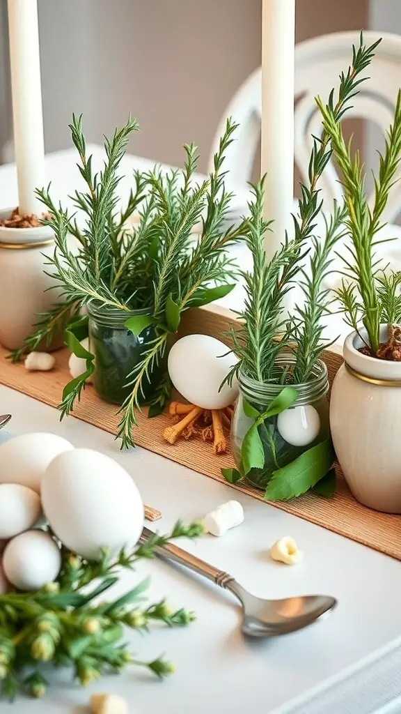 A beautifully arranged Easter table with white eggs and seasonal herbs in jars.