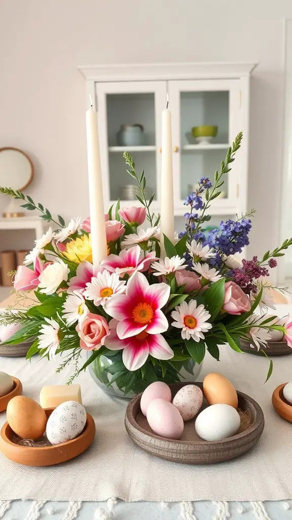 A vibrant Easter centerpiece featuring fresh flowers, candles, and decorated eggs.