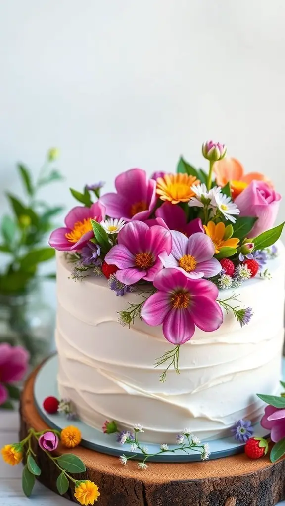 A beautifully decorated floral buttercream garden cake with vibrant flowers on top.