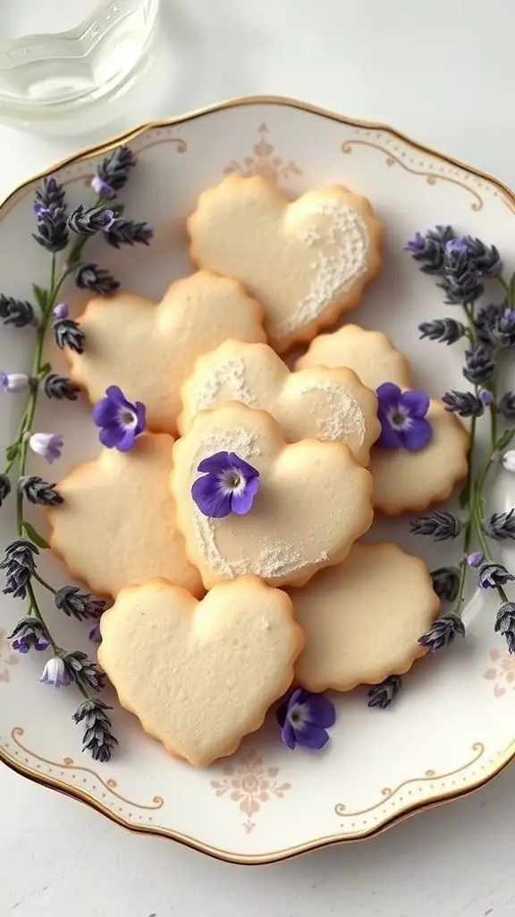 Heart-shaped lavender honey cookies on a decorative plate with lavender sprigs.