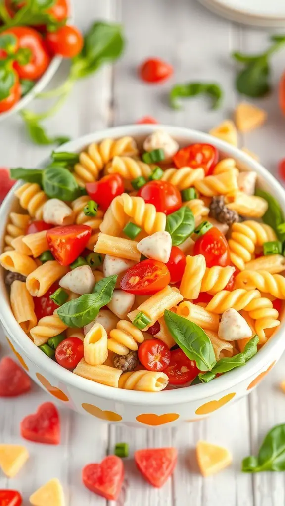 A colorful bowl of Valentine's Day Pasta Salad with heart-shaped pasta, cherry tomatoes, and fresh basil.
