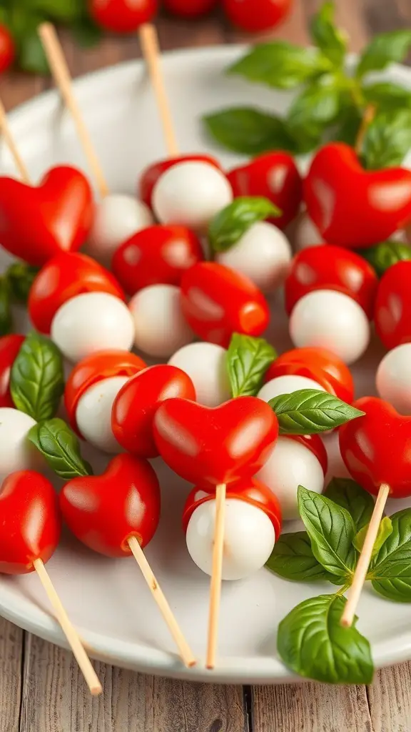 A plate of heart-shaped Caprese skewers with cherry tomatoes, mozzarella balls, and basil leaves.