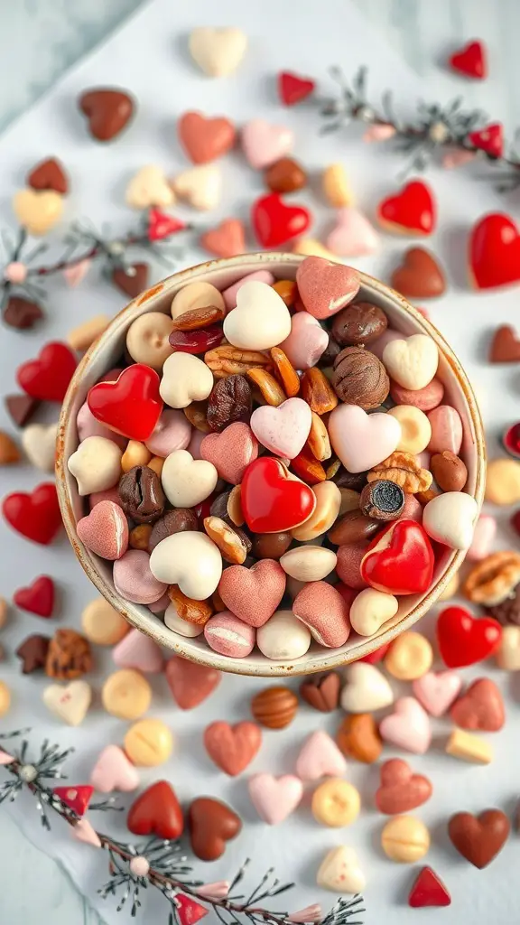 A bowl of Valentine's Day trail mix with heart-shaped candies and nuts, surrounded by more colorful snacks.