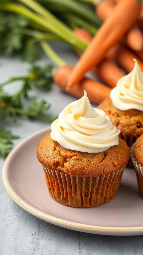Carrot cake muffins with cream cheese swirl on a plate, surrounded by fresh carrots.