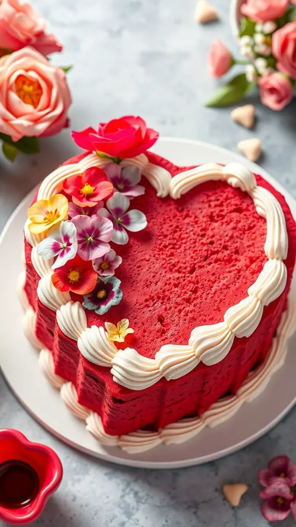 A beautifully decorated Red Velvet Heart Cake with flowers and frosting