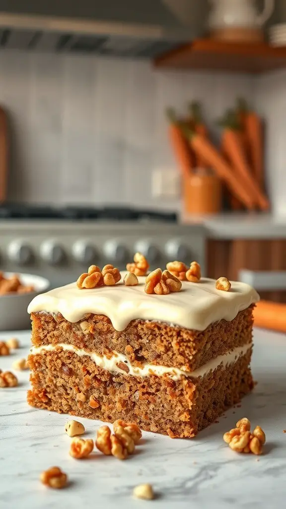 A slice of carrot cake poke cake with cream cheese filling, topped with walnuts.
