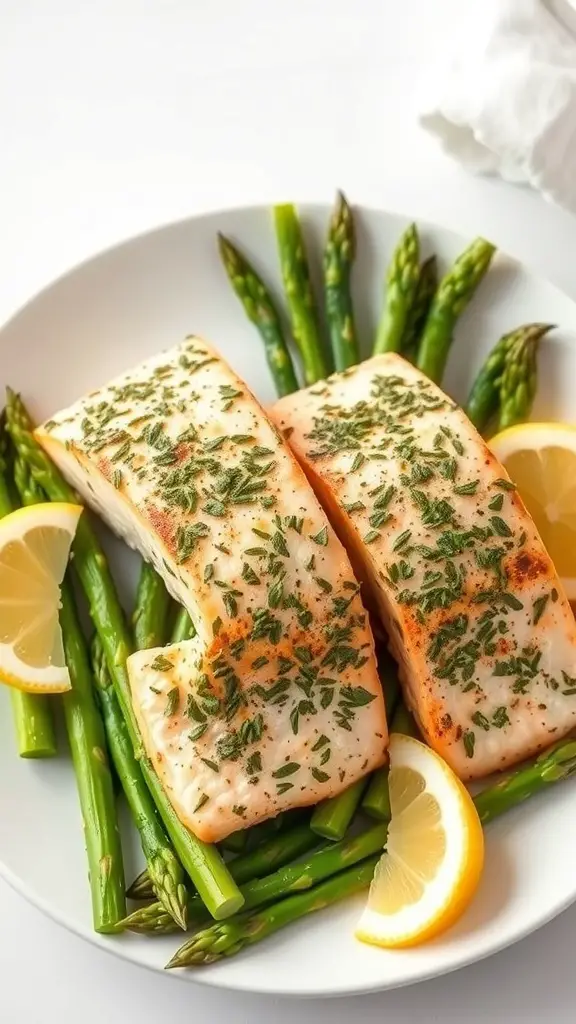Herb-crusted salmon fillets on a plate with asparagus and lemon slices