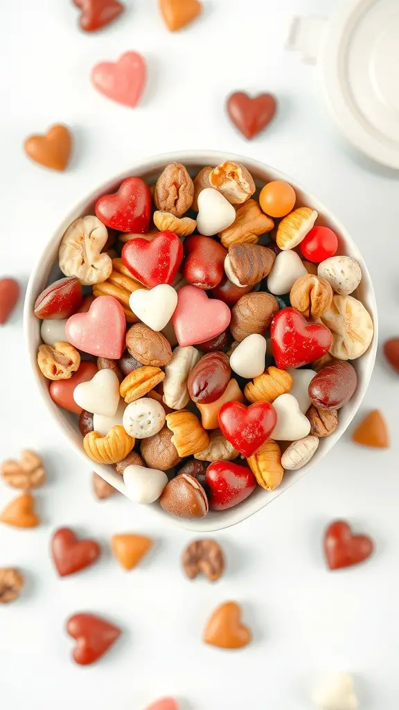 A bowl filled with heart-shaped candies and nuts, perfect for a Valentine's Day trail mix.